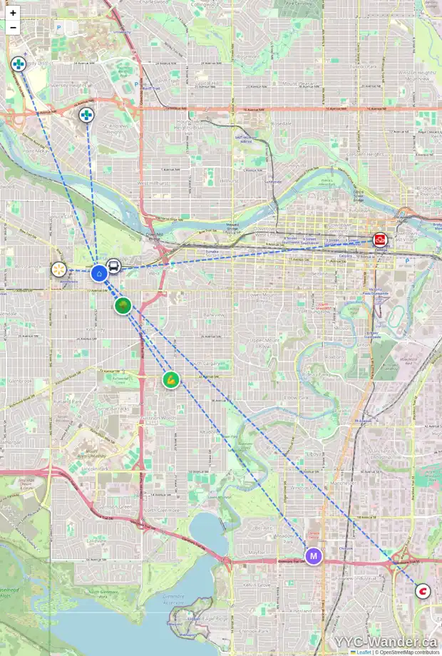 Daily accessibility map for 1418 29 ST SW, Calgary showing nearby schools, grocery stores, parks, LRT stations and nearby amenities
