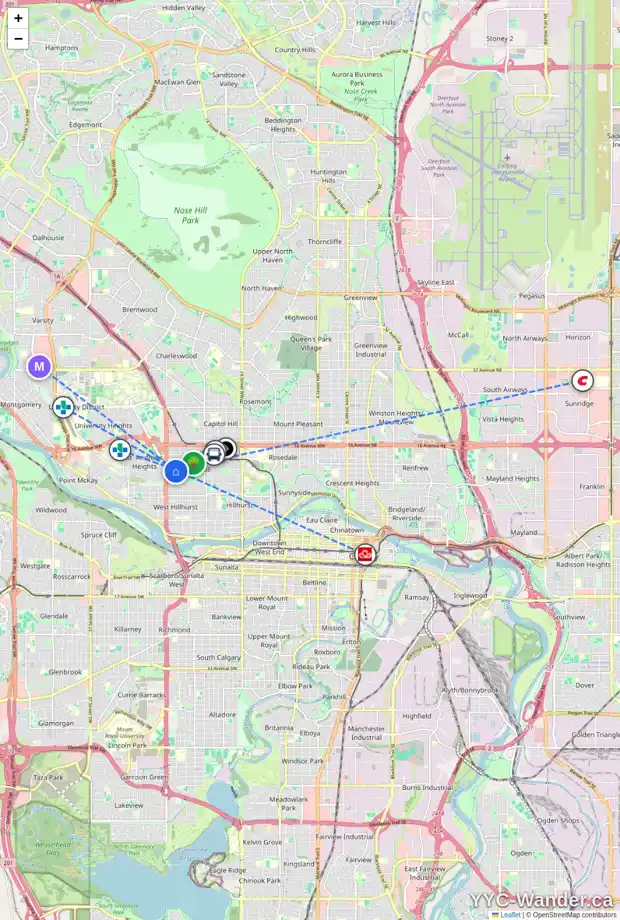 Daily accessibility map for 2308 JUNIPER RD NW, Calgary showing nearby schools, grocery stores, parks, LRT stations and nearby amenities
