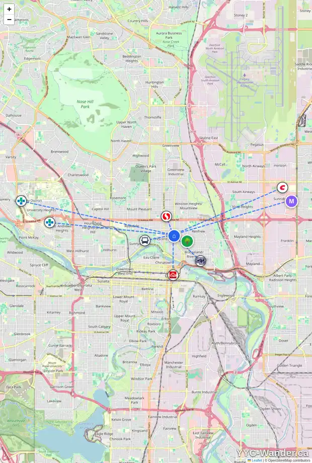 Daily accessibility map for 309 10 AV NE, Calgary showing nearby schools, grocery stores, parks, LRT stations and nearby amenities