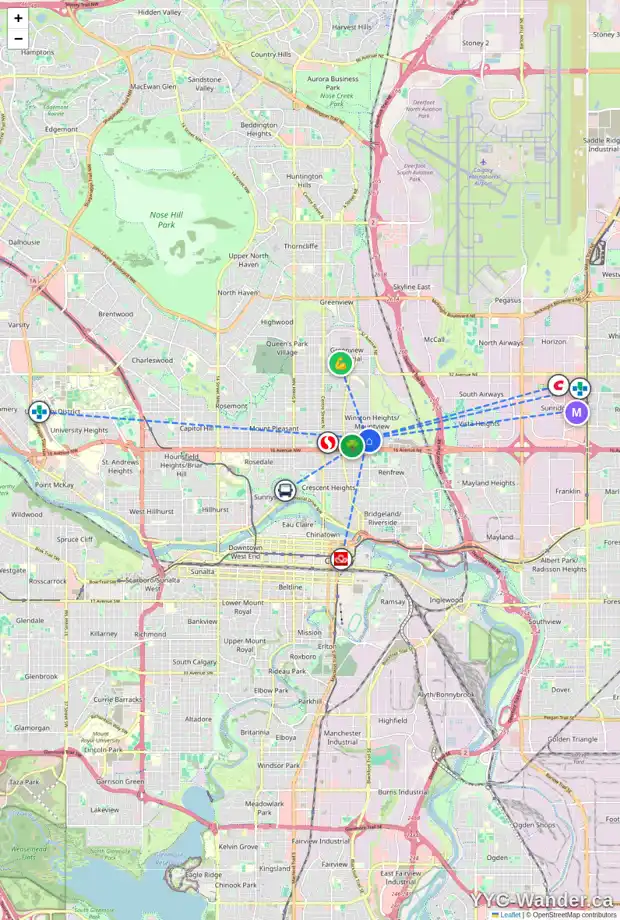 Daily accessibility map for 632 18 AV NE, Calgary showing nearby schools, grocery stores, parks, LRT stations and nearby amenities