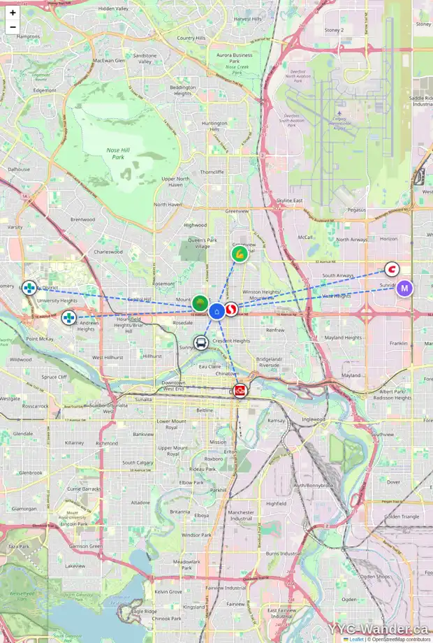 Daily accessibility map for 1807 2 ST NW, Calgary showing nearby schools, grocery stores, parks, LRT stations and nearby amenities