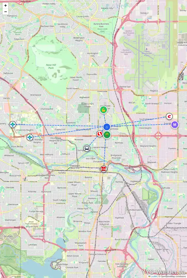 Daily accessibility map for 437 23 AV NE, Calgary showing nearby schools, grocery stores, parks, LRT stations and nearby amenities