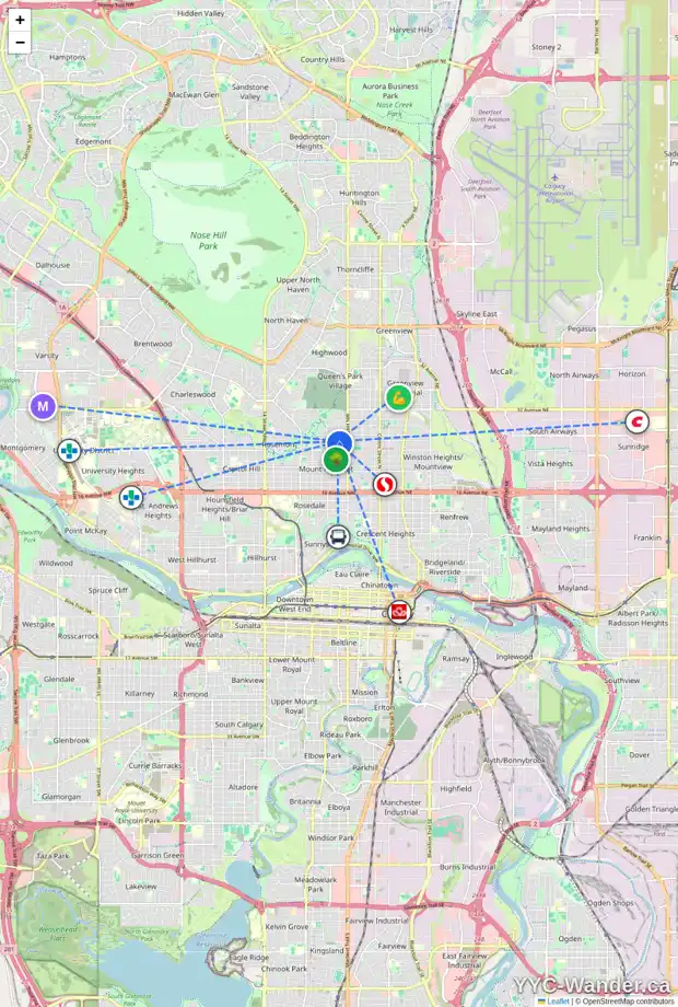 Daily accessibility map for 605 26 AV NW, Calgary showing nearby schools, grocery stores, parks, LRT stations and nearby amenities