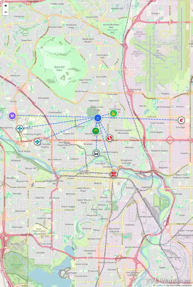 Daily accessibility map for 3217 4A ST NW, Calgary showing nearby schools, grocery stores, parks, LRT stations and nearby amenities