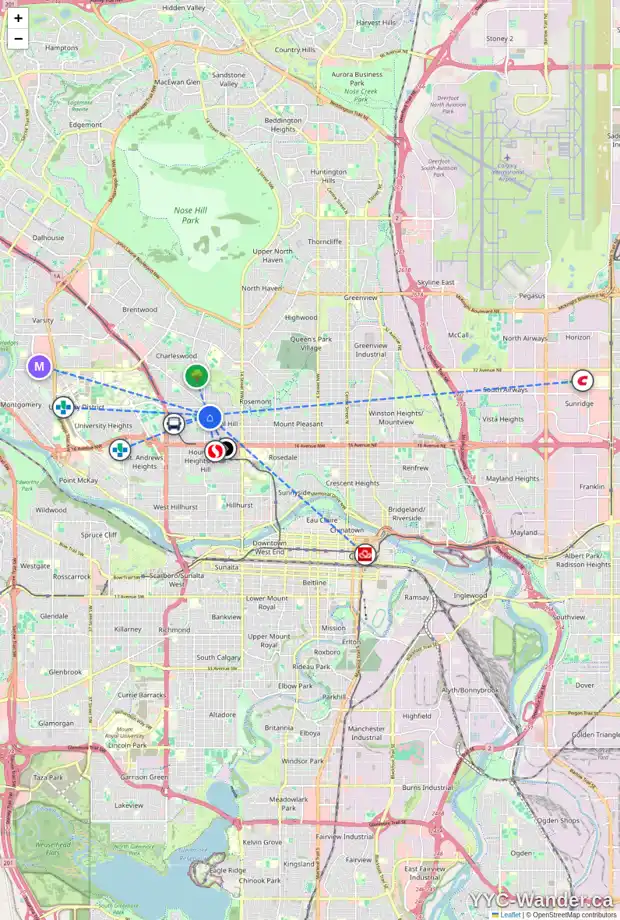 Daily accessibility map for 1910 22 AV NW, Calgary showing nearby schools, grocery stores, parks, LRT stations and nearby amenities