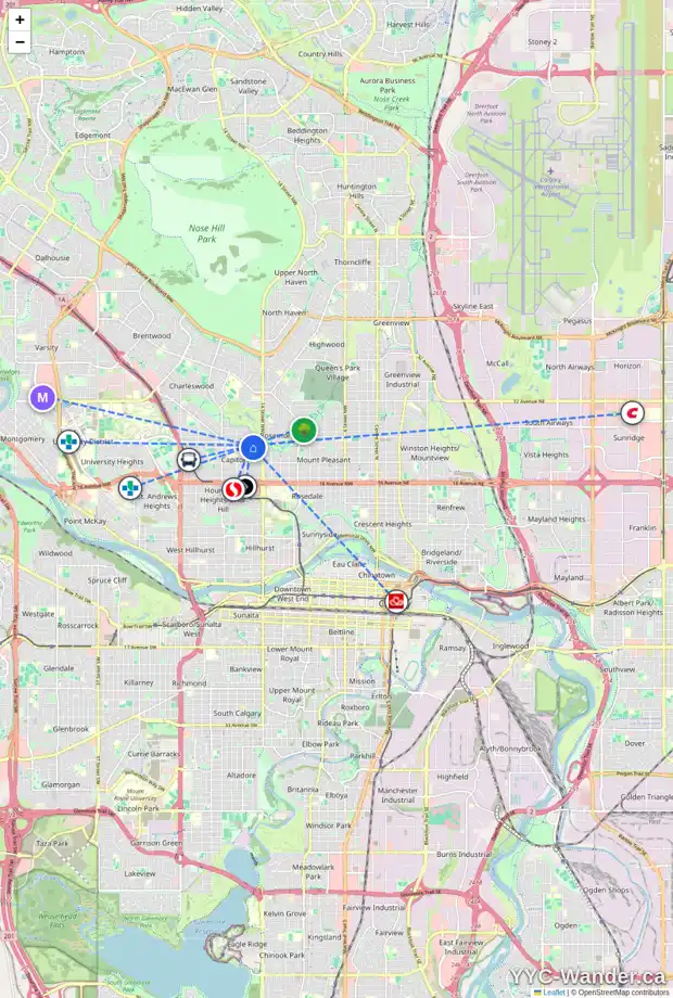 Daily accessibility map for 1614B 23 AV NW, Calgary showing nearby schools, grocery stores, parks, LRT stations and nearby amenities