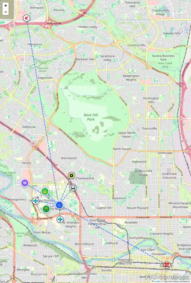 Daily accessibility map for 3124 UNDERHILL DR NW, Calgary showing nearby schools, grocery stores, parks, LRT stations and nearby amenities