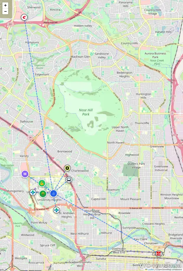 Daily accessibility map for 3219 24 AV NW, Calgary showing nearby schools, grocery stores, parks, LRT stations and nearby amenities