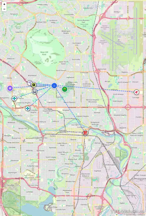 Daily accessibility map for 25 CAWDER DR NW, Calgary showing nearby schools, grocery stores, parks, LRT stations and nearby amenities