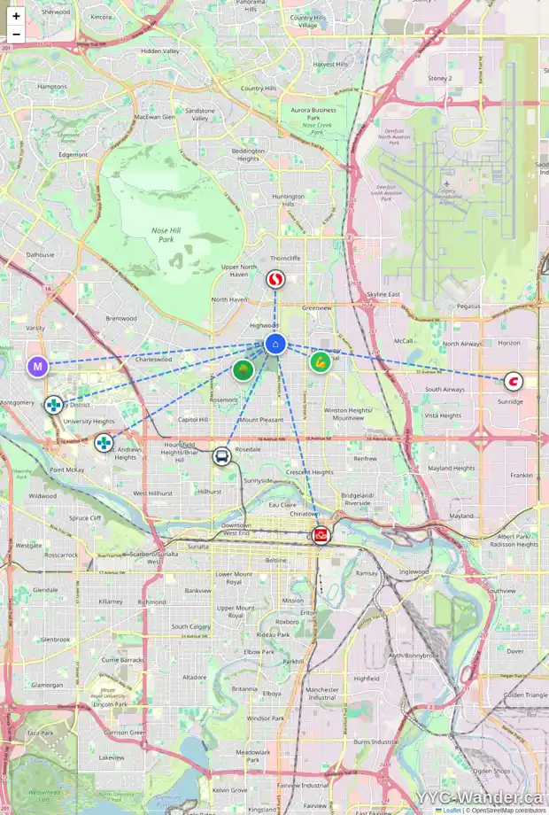 Daily accessibility map for 520 40 AV NW, Calgary showing nearby schools, grocery stores, parks, LRT stations and nearby amenities
