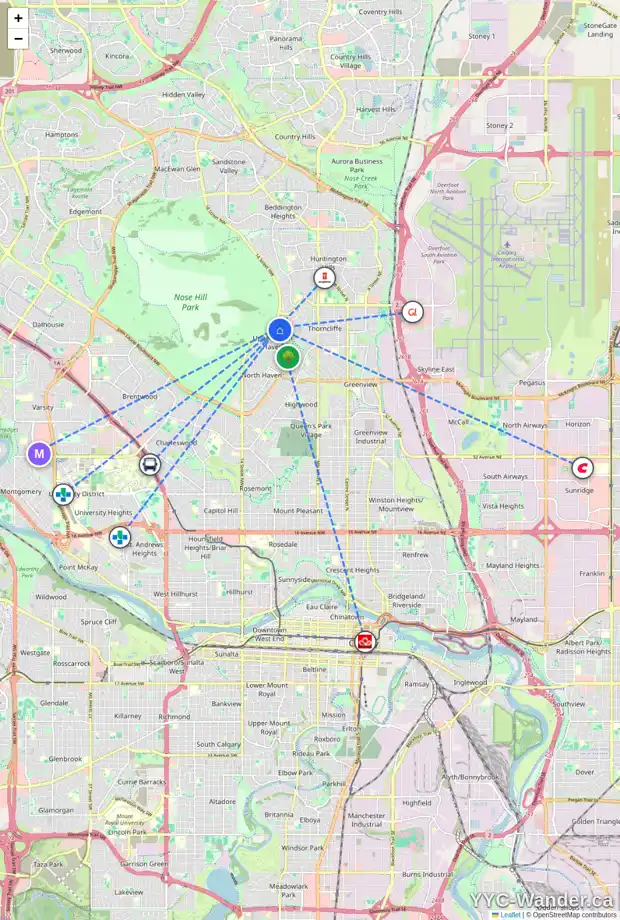 Daily accessibility map for 107 NOTTINGHAM RD NW, Calgary showing nearby schools, grocery stores, parks, LRT stations and nearby amenities