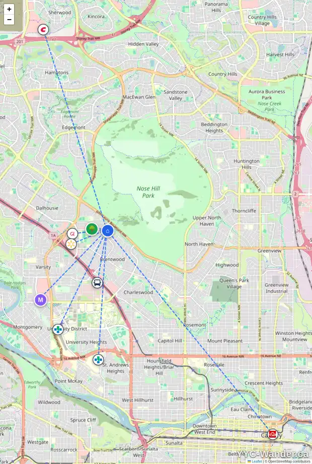 Daily accessibility map for 5319 CARNEY RD NW, Calgary showing nearby schools, grocery stores, parks, LRT stations and nearby amenities