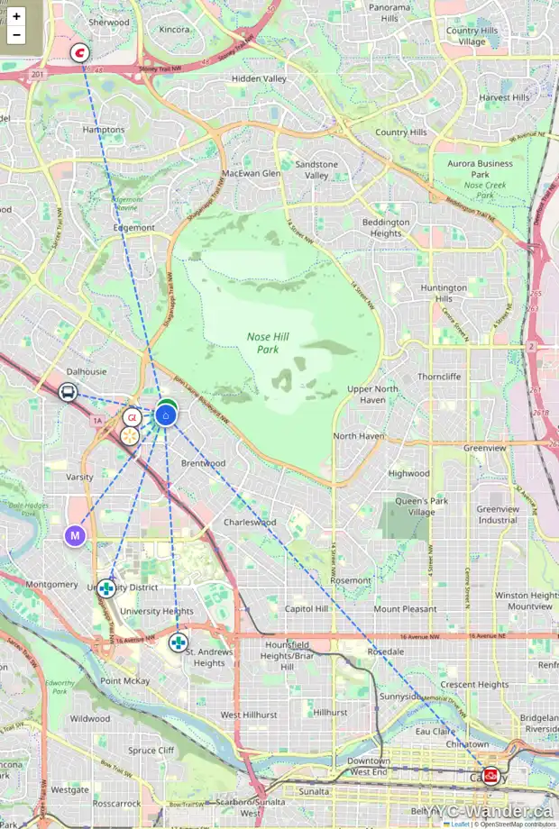 Daily accessibility map for 5224 33 ST NW, Calgary showing nearby schools, grocery stores, parks, LRT stations and nearby amenities