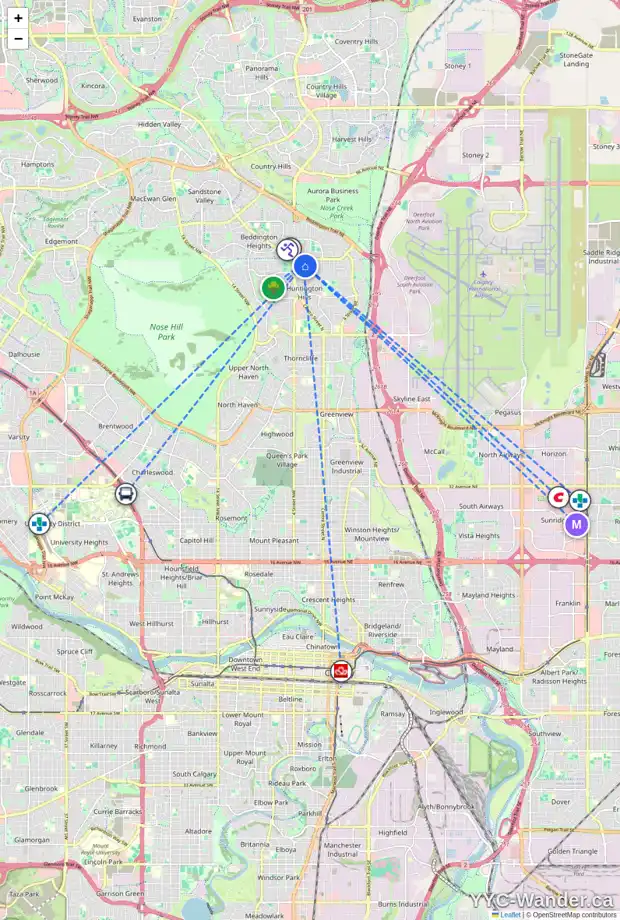 Daily accessibility map for 210 HUNTHAM PL NE, Calgary showing nearby schools, grocery stores, parks, LRT stations and nearby amenities