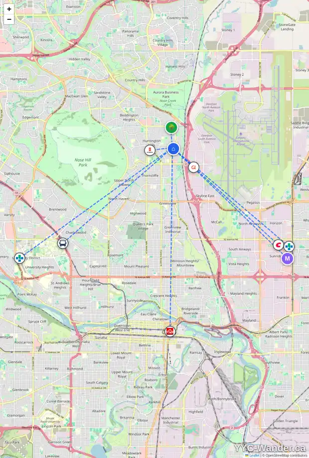 Daily accessibility map for 7224 3 ST NE, Calgary showing nearby schools, grocery stores, parks, LRT stations and nearby amenities