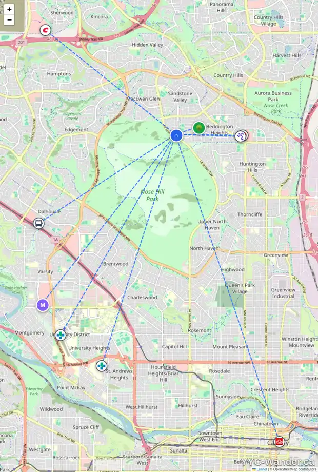 Daily accessibility map for 53 BEACONSFIELD CR NW, Calgary showing nearby schools, grocery stores, parks, LRT stations and nearby amenities