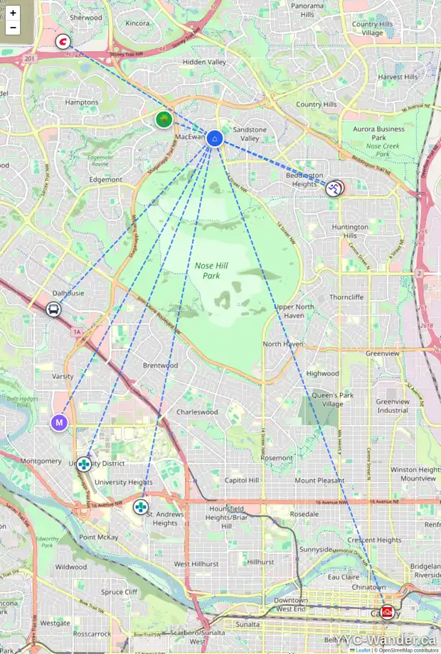Daily accessibility map for 104 MACEWAN PARK RD NW, Calgary showing nearby schools, grocery stores, parks, LRT stations and nearby amenities