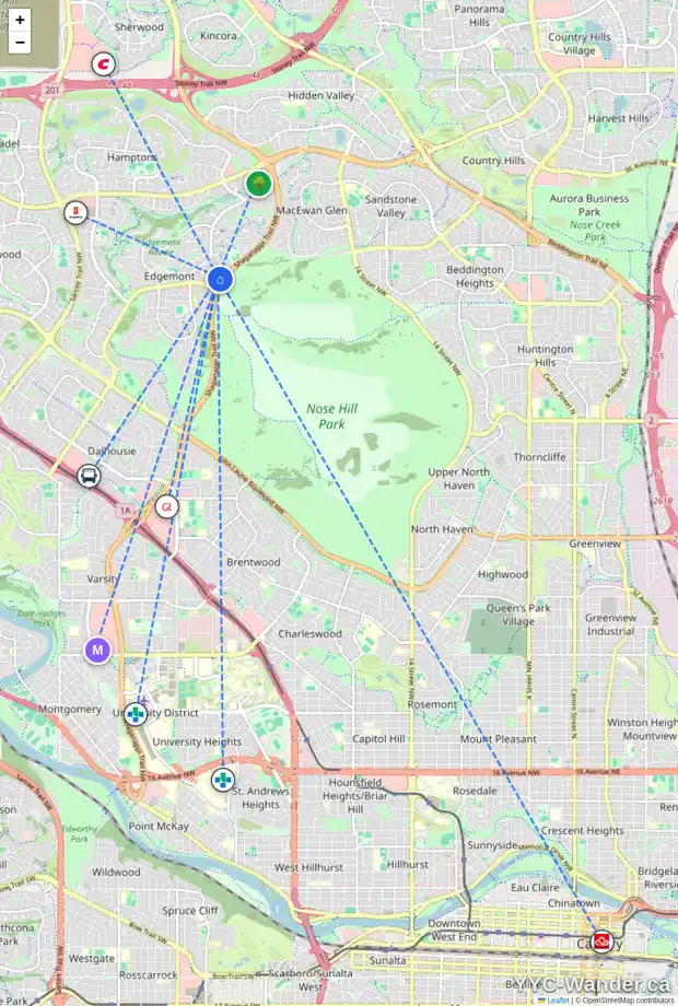 Daily accessibility map for 56 EDGEBROOK RD NW, Calgary showing nearby schools, grocery stores, parks, LRT stations and nearby amenities