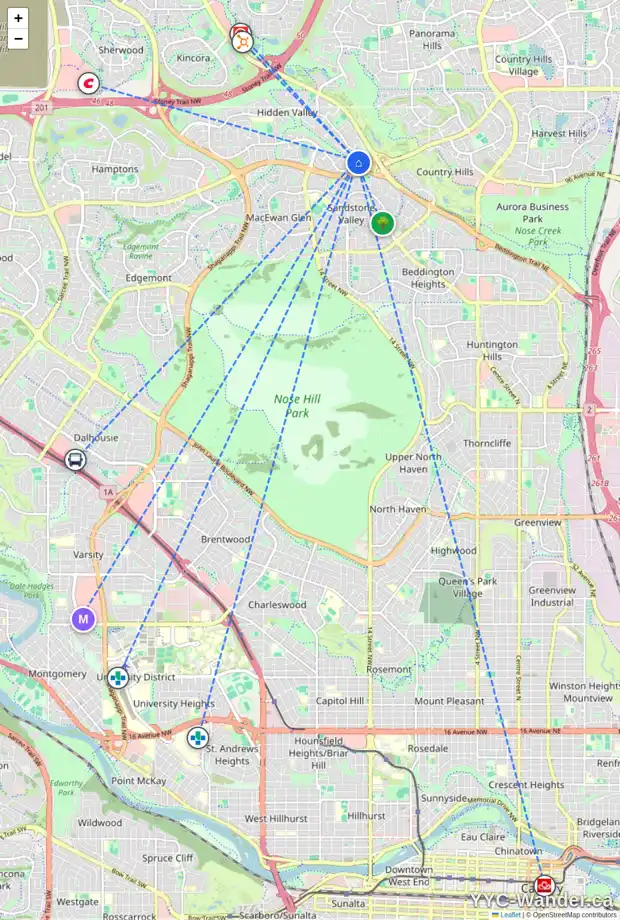 Daily accessibility map for 207 HIDDEN VALLEY PL NW, Calgary showing nearby schools, grocery stores, parks, LRT stations and nearby amenities