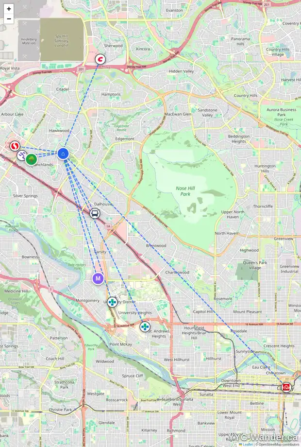 Daily accessibility map for 127 RANCH ESTATES RD NW, Calgary showing nearby schools, grocery stores, parks, LRT stations and nearby amenities