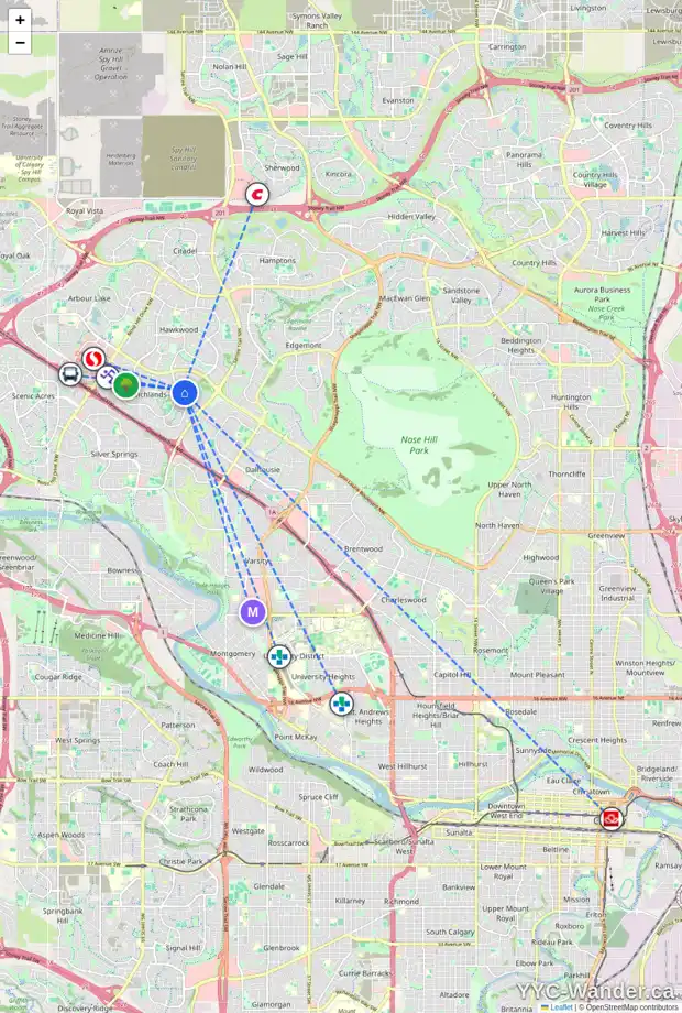 Daily accessibility map for 975 RANCH ESTATES PL NW, Calgary showing nearby schools, grocery stores, parks, LRT stations and nearby amenities
