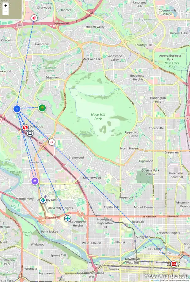 Daily accessibility map for 206 DALCASTLE CL NW, Calgary showing nearby schools, grocery stores, parks, LRT stations and nearby amenities