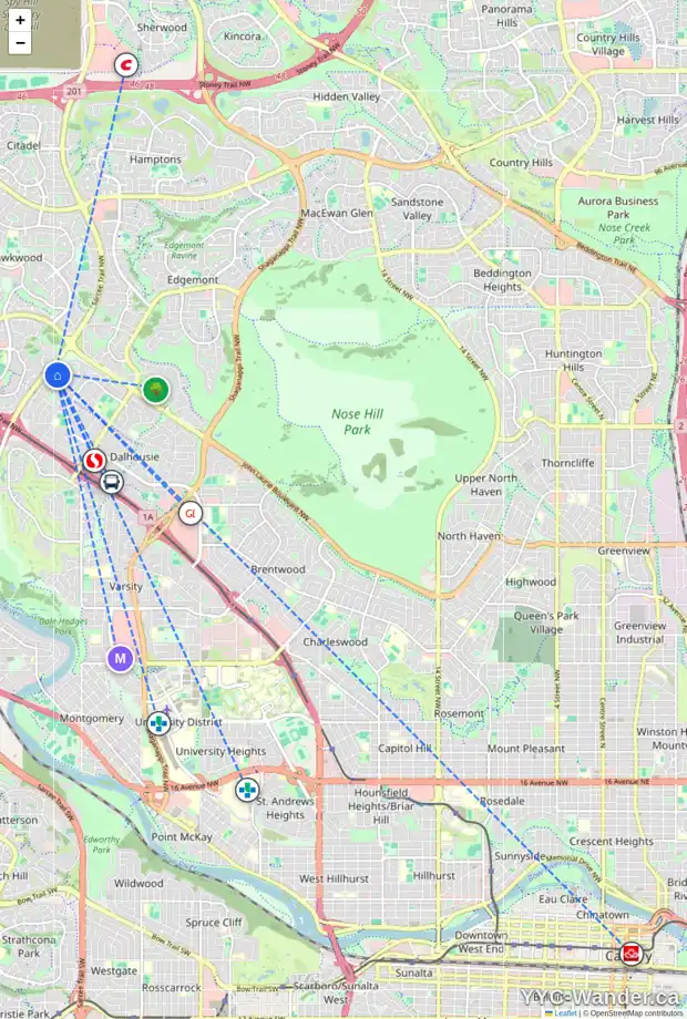 Daily accessibility map for 119 DALCASTLE ME NW, Calgary showing nearby schools, grocery stores, parks, LRT stations and nearby amenities