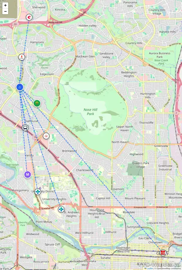 Daily accessibility map for 173 EDGEHILL DR NW, Calgary showing nearby schools, grocery stores, parks, LRT stations and nearby amenities