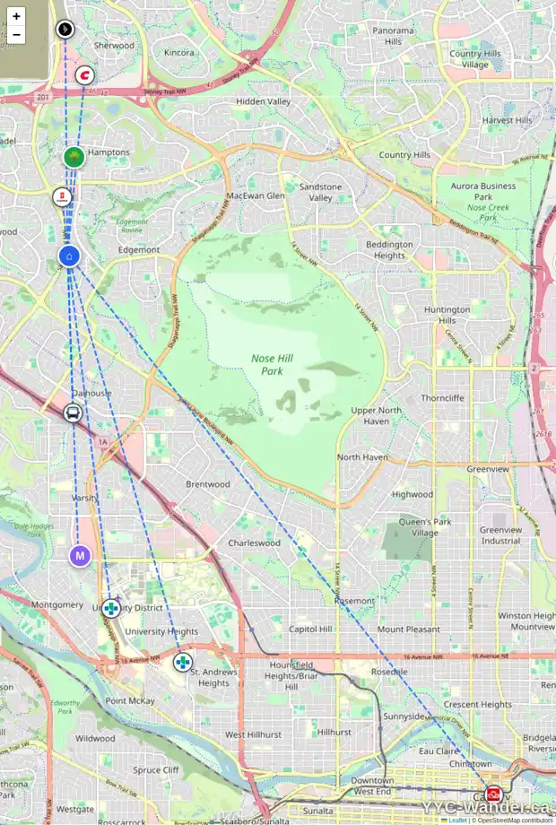 Daily accessibility map for 47 EDGELAND CR NW, Calgary showing nearby schools, grocery stores, parks, LRT stations and nearby amenities