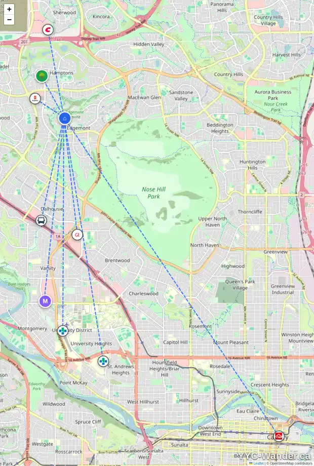 Daily accessibility map for 420 EDGEVIEW PL NW, Calgary showing nearby schools, grocery stores, parks, LRT stations and nearby amenities