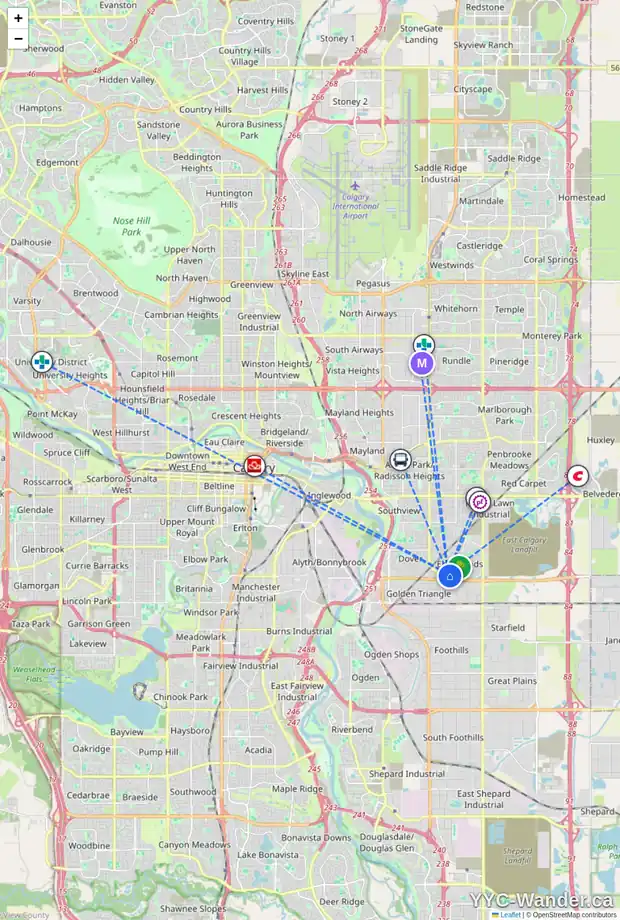 Daily accessibility map for 20 ERIN RIDGE CO SE, Calgary showing nearby schools, grocery stores, parks, LRT stations and nearby amenities