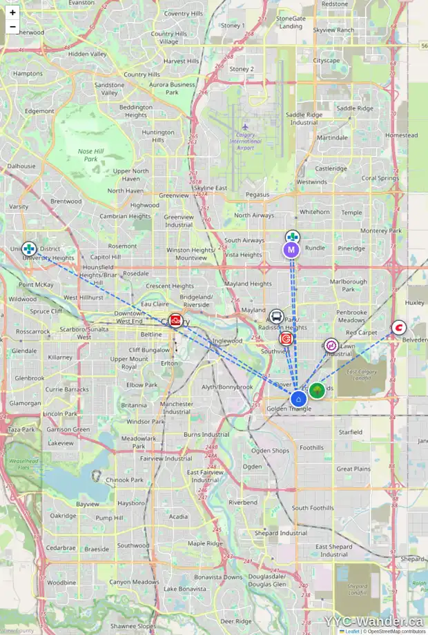 Daily accessibility map for 126 ERIN WOODS CI SE, Calgary showing nearby schools, grocery stores, parks, LRT stations and nearby amenities