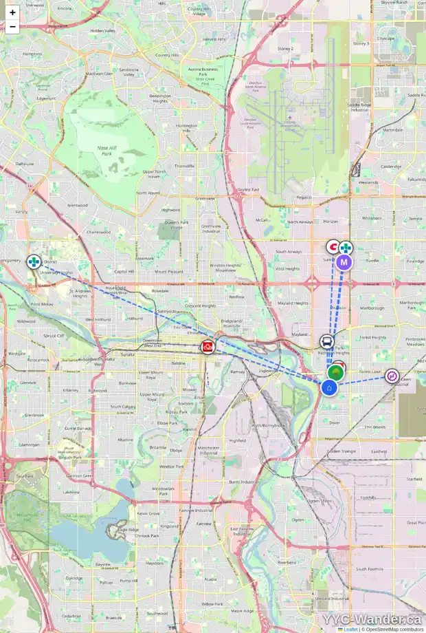 Daily accessibility map for 2229 27 ST SE, Calgary showing nearby schools, grocery stores, parks, LRT stations and nearby amenities