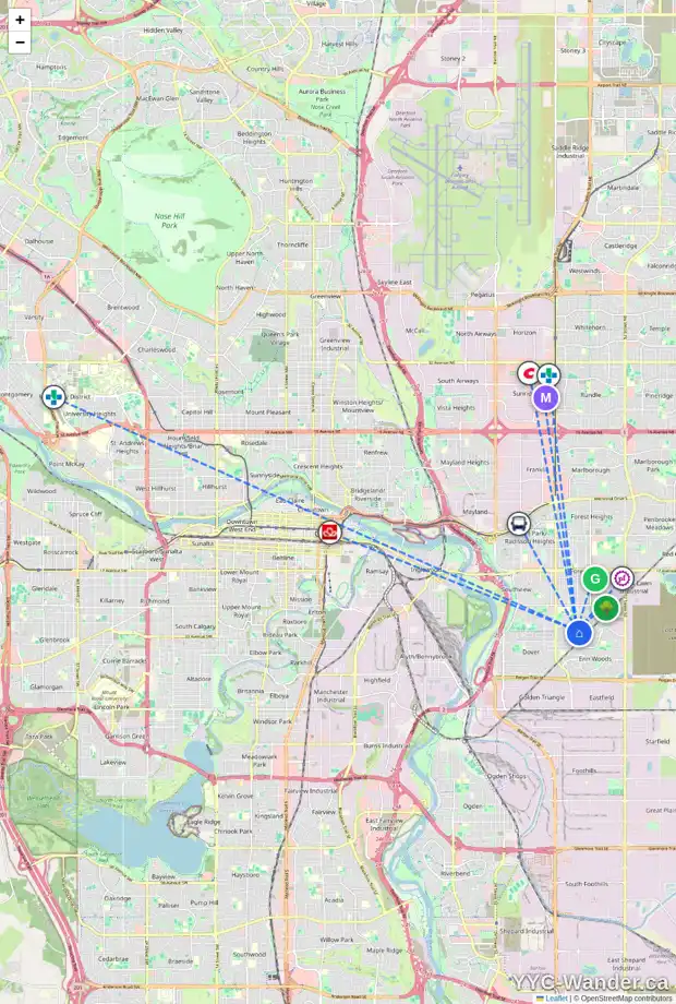 Daily accessibility map for 3231 41 ST SE, Calgary showing nearby schools, grocery stores, parks, LRT stations and nearby amenities