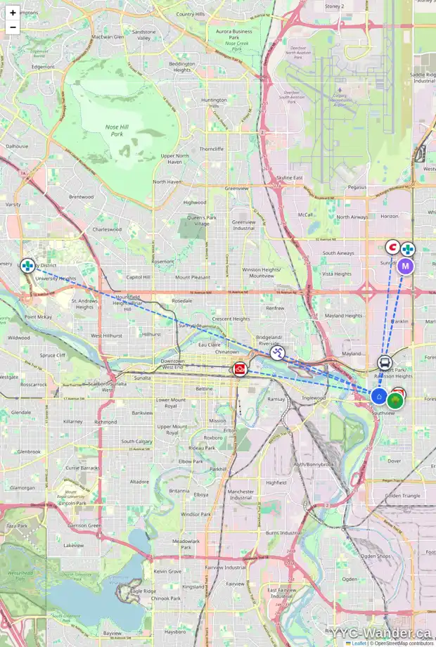 Daily accessibility map for 2718 16 AV SE, Calgary showing nearby schools, grocery stores, parks, LRT stations and nearby amenities