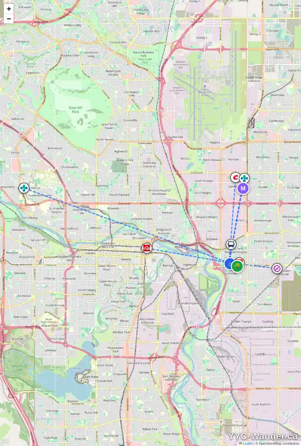 Daily accessibility map for 2802 16 AV SE, Calgary showing nearby schools, grocery stores, parks, LRT stations and nearby amenities