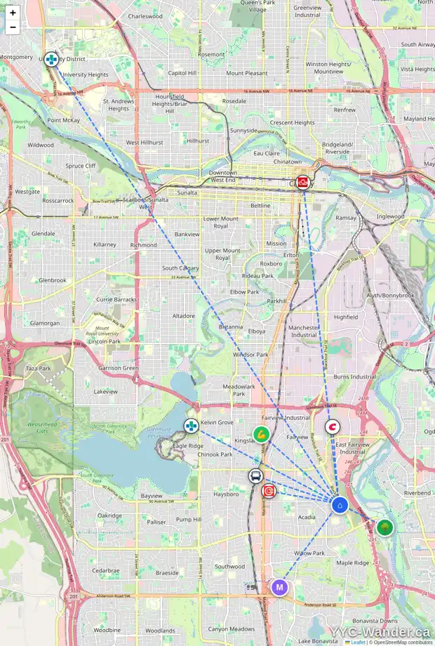 Daily accessibility map for 9308 ACADEMY DR SE, Calgary showing nearby schools, grocery stores, parks, LRT stations and nearby amenities