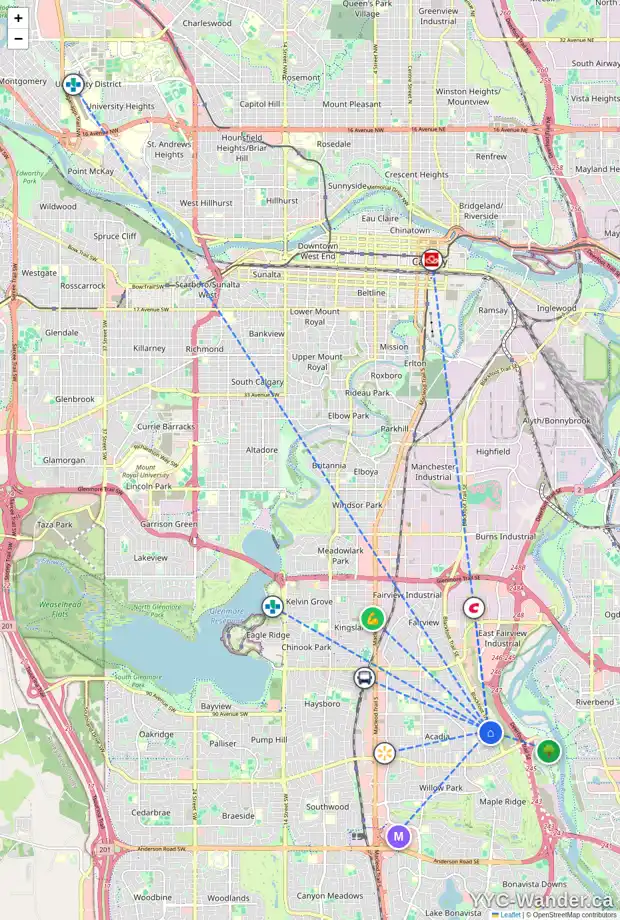 Daily accessibility map for 9436 ACADEMY DR SE, Calgary showing nearby schools, grocery stores, parks, LRT stations and nearby amenities