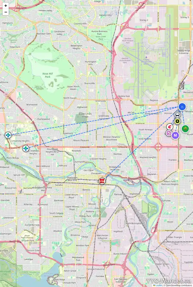 Daily accessibility map for 48 WHITWORTH WY NE, Calgary showing nearby schools, grocery stores, parks, LRT stations and nearby amenities