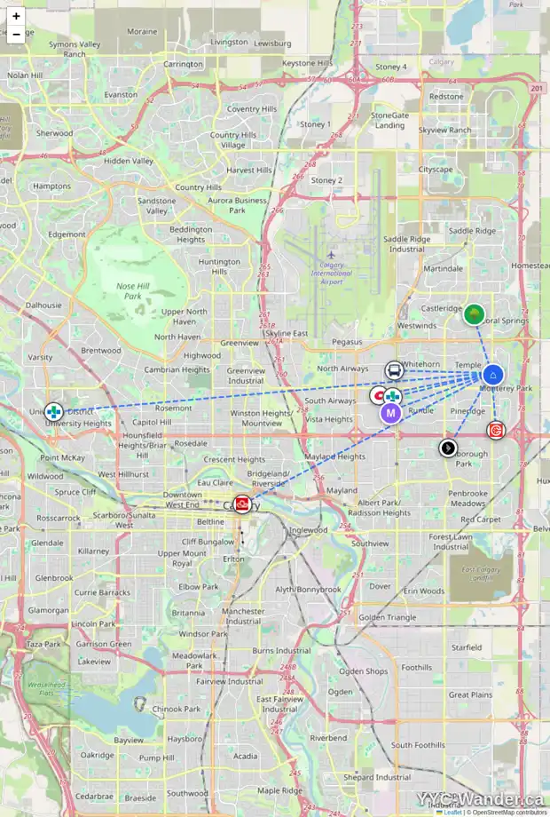 Daily accessibility map for 6847 37 AV NE, Calgary showing nearby schools, grocery stores, parks, LRT stations and nearby amenities