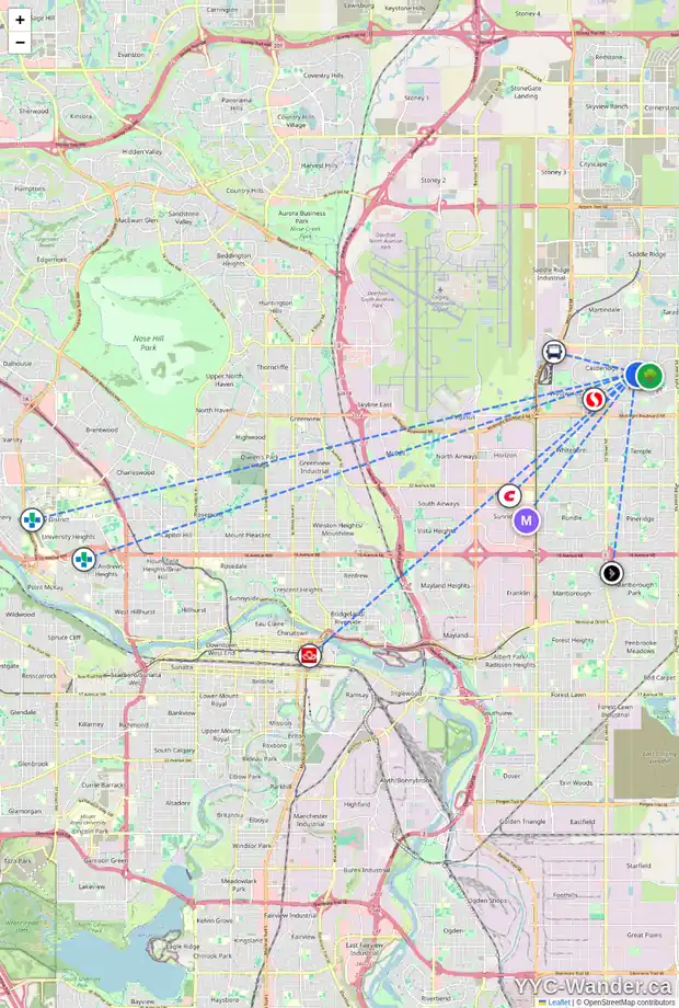 Daily accessibility map for 44 FALMEAD RD NE, Calgary showing nearby schools, grocery stores, parks, LRT stations and nearby amenities