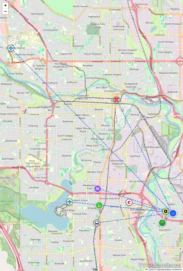Daily accessibility map for 7636 21 ST SE, Calgary showing nearby schools, grocery stores, parks, LRT stations and nearby amenities