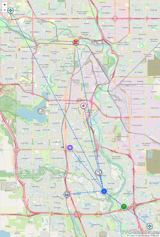 Daily accessibility map for 611 PARKRIDGE DR SE, Calgary showing nearby schools, grocery stores, parks, LRT stations and nearby amenities