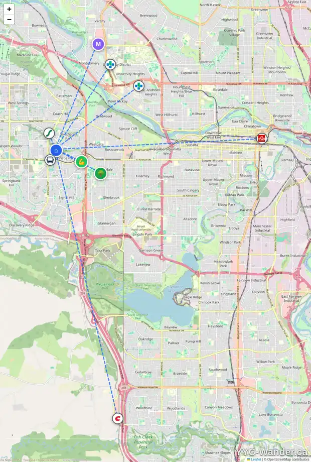 Daily accessibility map for 15 CHRISTIE KNOLL HT SW, Calgary showing nearby schools, grocery stores, parks, LRT stations and nearby amenities