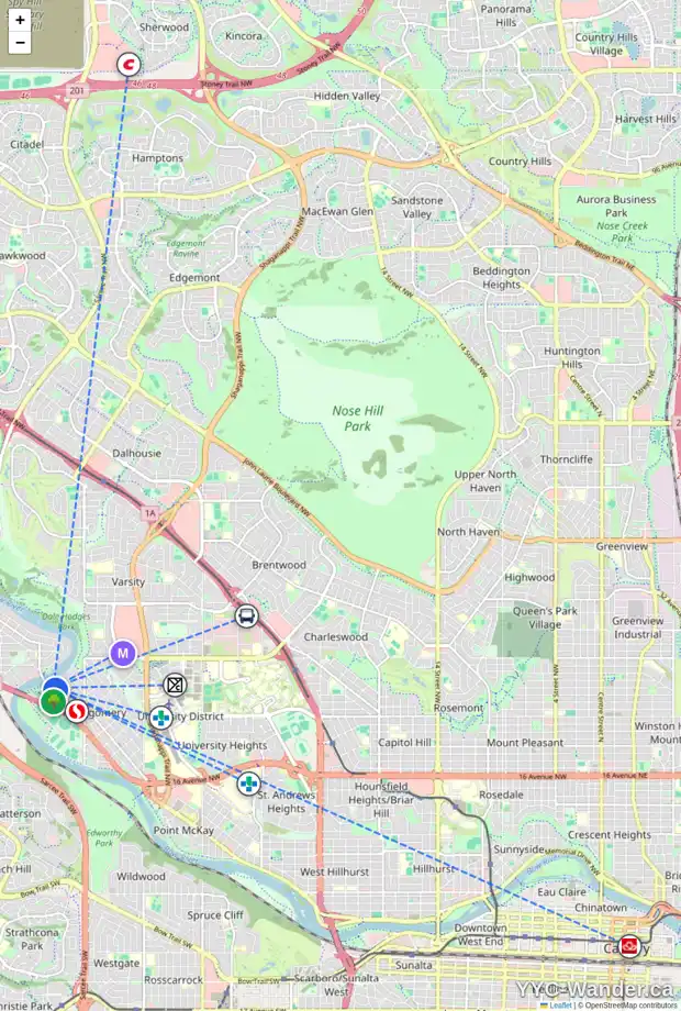 Daily accessibility map for 24 BOW LD NW, Calgary showing nearby schools, grocery stores, parks, LRT stations and nearby amenities