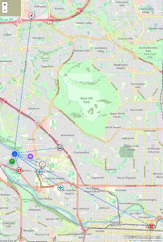 Daily accessibility map for 5939 BOW CR NW, Calgary showing nearby schools, grocery stores, parks, LRT stations and nearby amenities