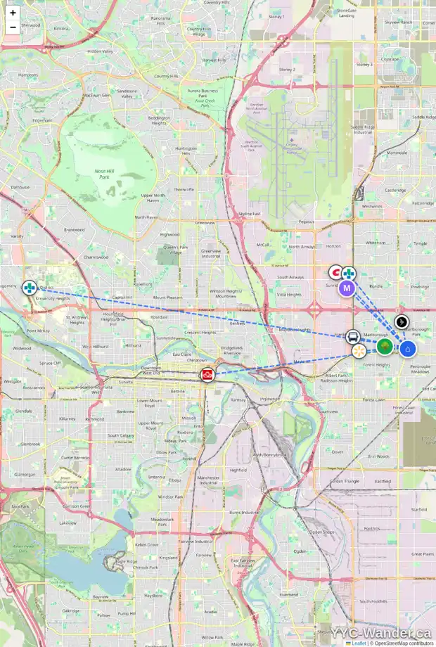 Daily accessibility map for 5521 MADDOCK DR NE, Calgary showing nearby schools, grocery stores, parks, LRT stations and nearby amenities
