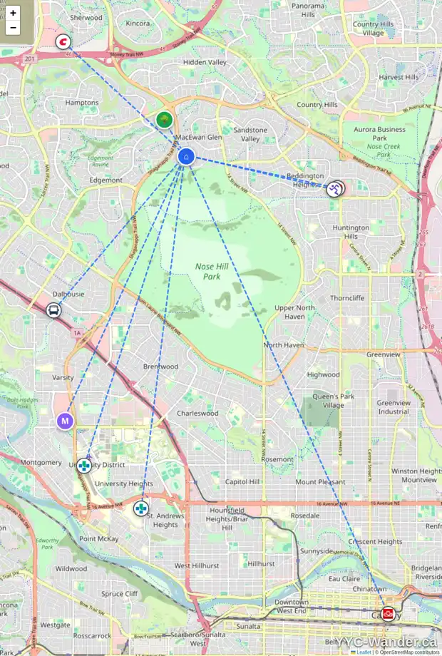 Daily accessibility map for 144 MACEWAN PARK VW NW, Calgary showing nearby schools, grocery stores, parks, LRT stations and nearby amenities