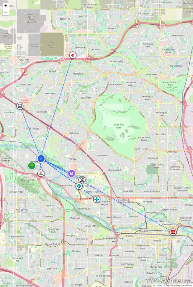 Daily accessibility map for 6824 BOW CR NW, Calgary showing nearby schools, grocery stores, parks, LRT stations and nearby amenities