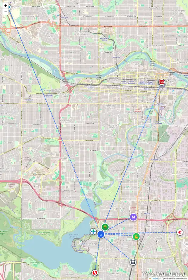Daily accessibility map for 7312 KEW ST SW, Calgary showing nearby schools, grocery stores, parks, LRT stations and nearby amenities